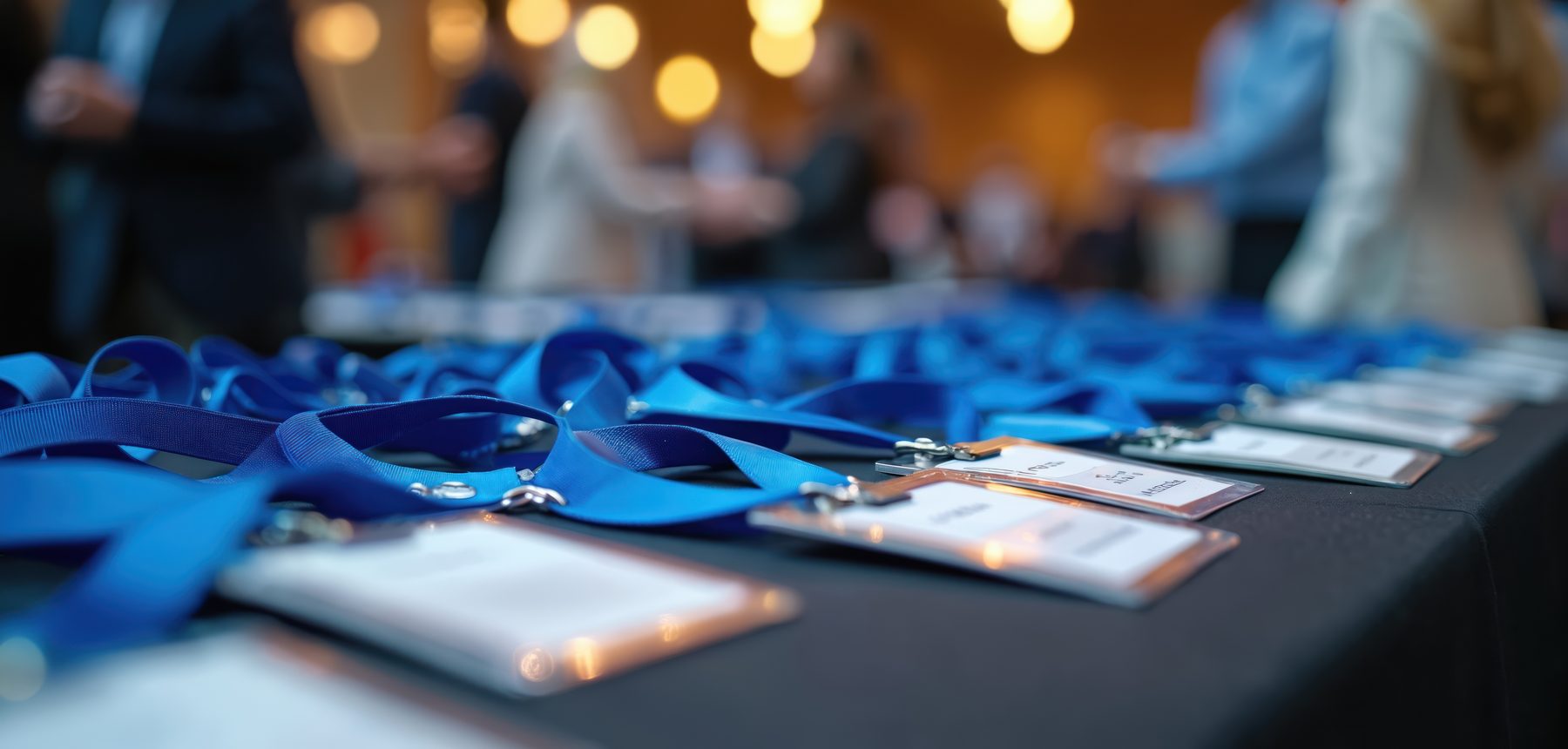 Event attendee badges and blue lanyards laid out on a registration table
